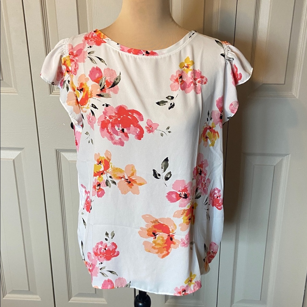 Ann Taylor LOFT Women's Short Flutter Sleeve Floral Lightweight Top Petite Large